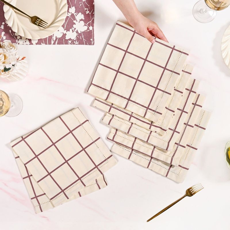 Mauve Grid Pure Cotton Table Napkin Set Of 6