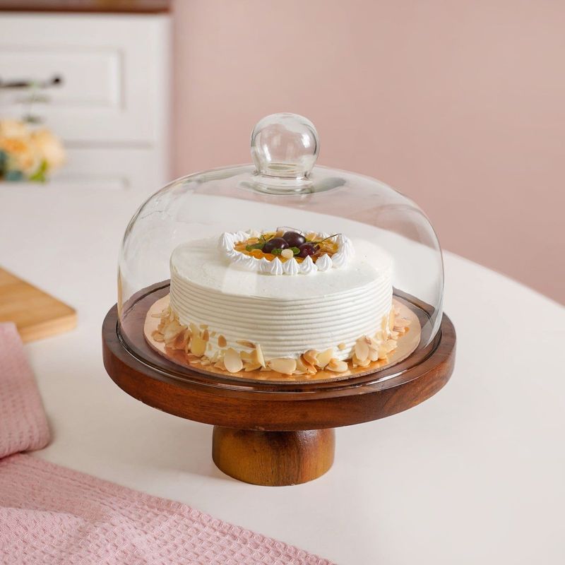 Pedestal Acacia Wood Cake Stand With Cloche 22cm