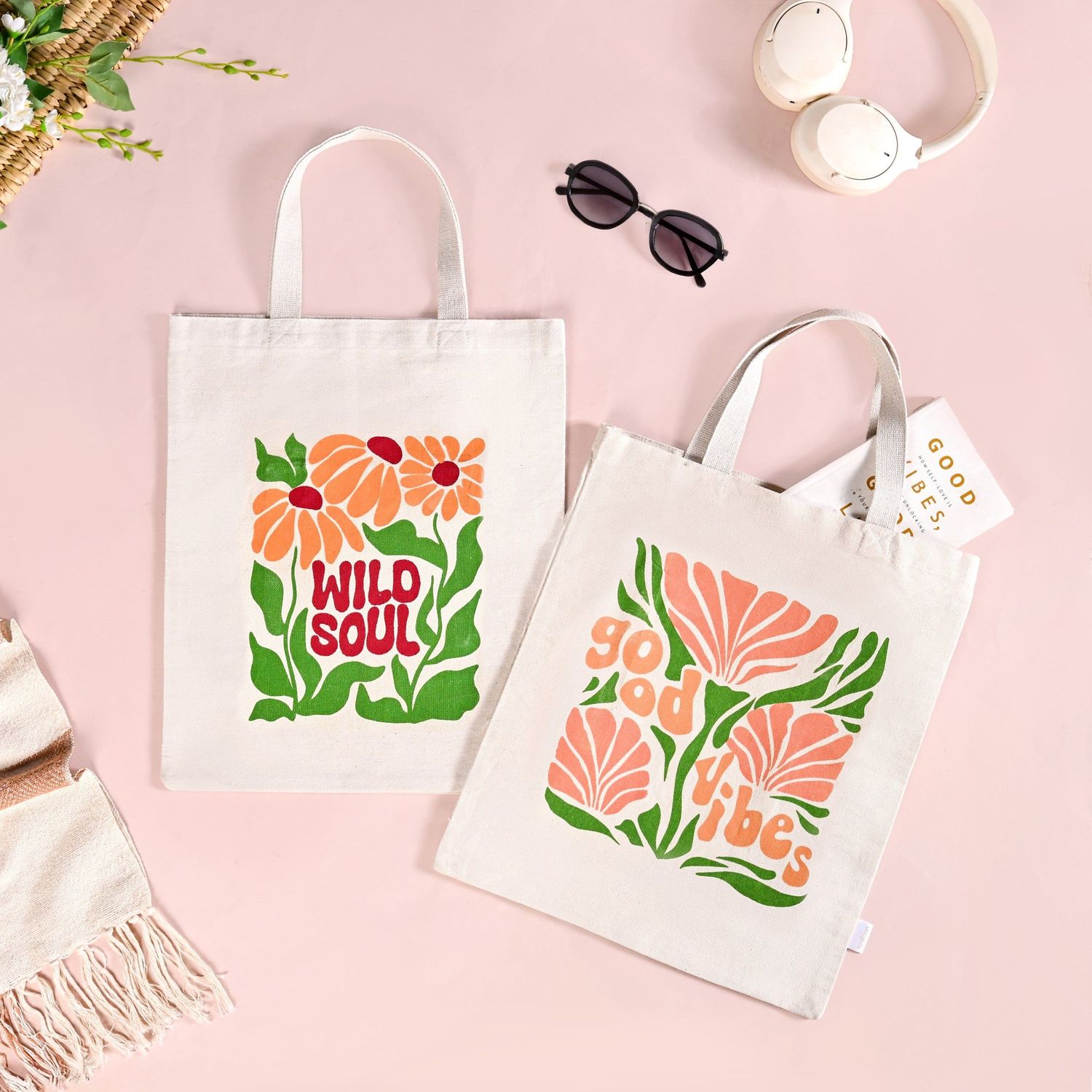 Wild Soul Good Vibes Canvas Tote Bag Set Of 2