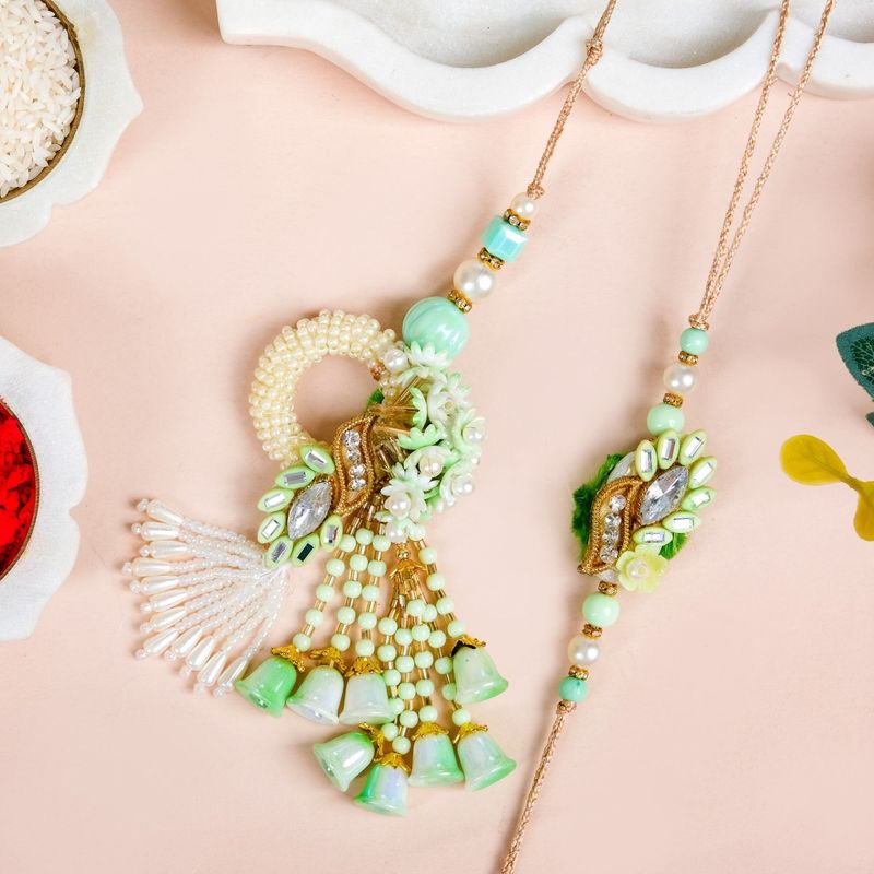 Green Pearl Beaded Rakhi And Lumba Set