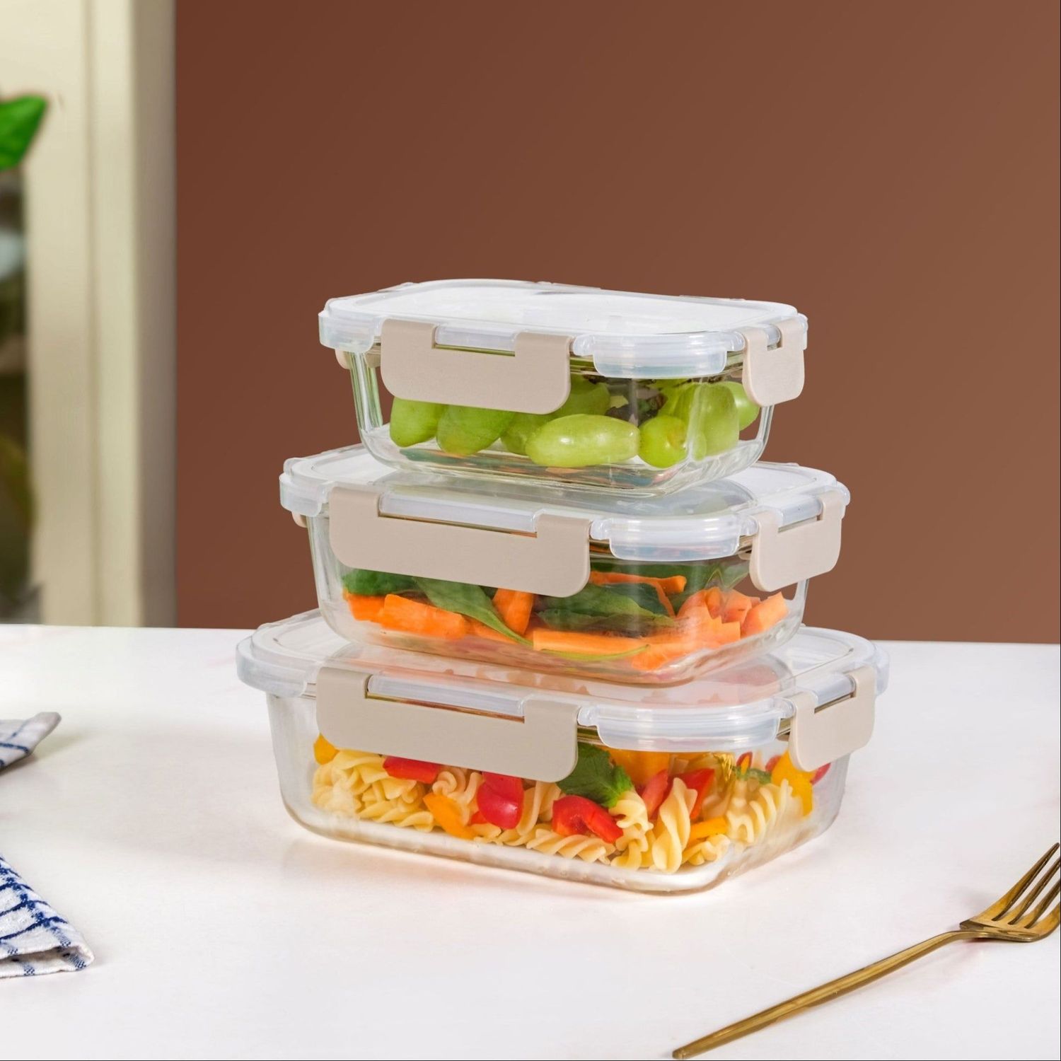 Nestro Lunch Box For Office Set Of 3 Beige S 370ml M 600ml L 100ml