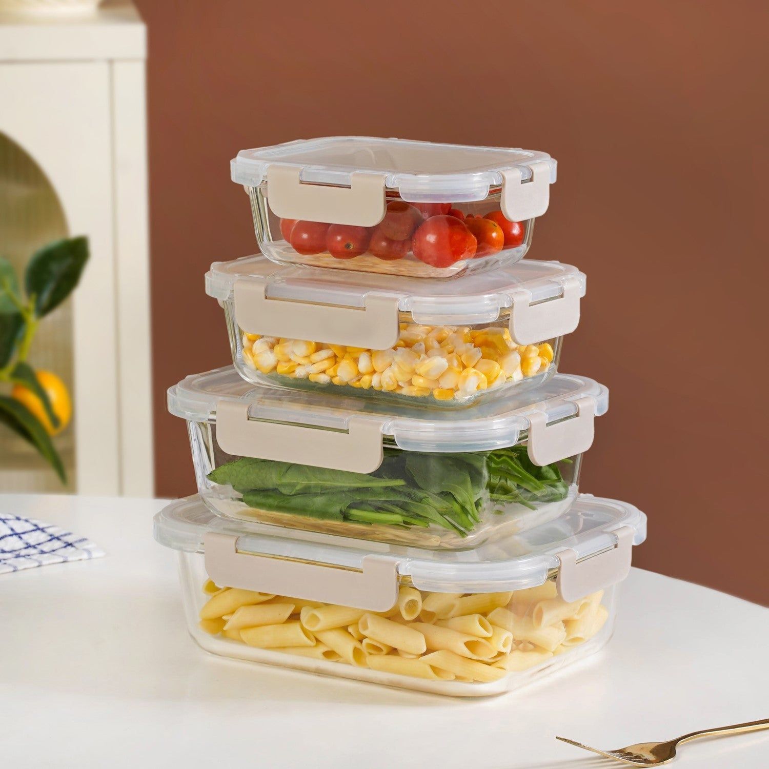 Nestro Microwave Safe Stackable Food Storage Box Set Of 4 Beige S 370ml M 600ml L 1000ml XL 1500ml