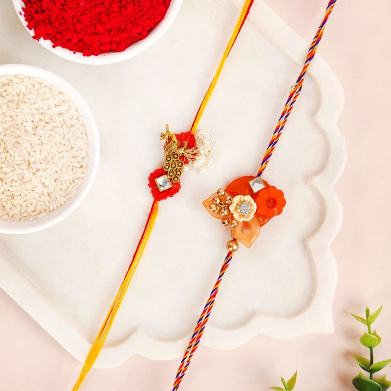 Orange And Gold Peacock Rakhi Gift Set