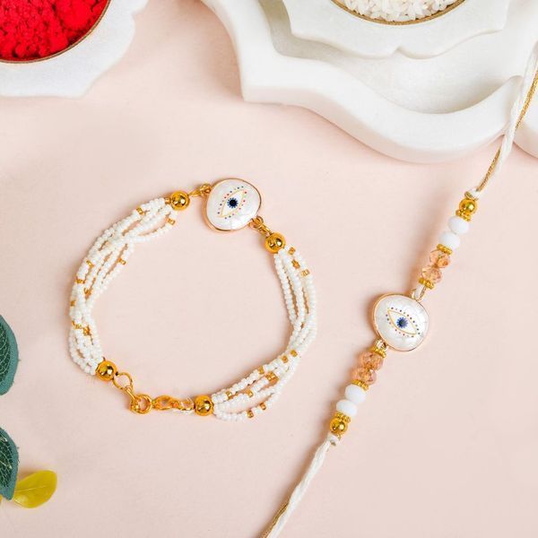 Evil Eye Protection White Rakhi Bracelet Gift Set