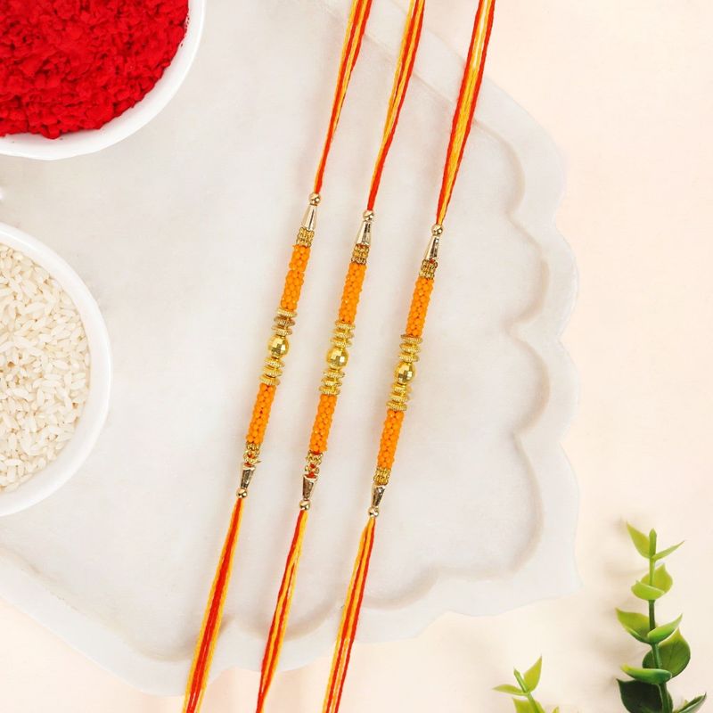 Golden Beads Orange Rakhi Gift Set