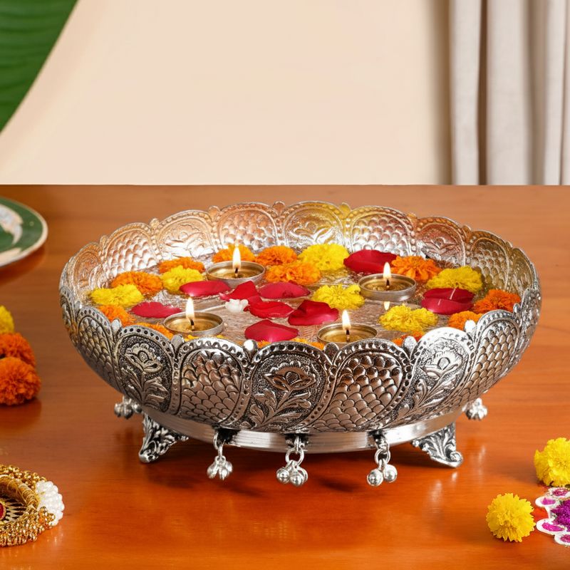 Antique Pure Brass Urli With Silver Polish For Temple 23cm