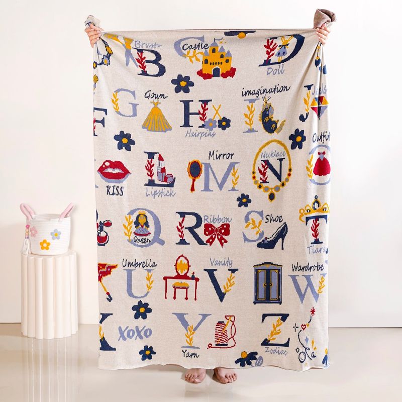 Castle Crown Alphabet Girls Fairytale Knitted Cotton Throw 150x128cm
