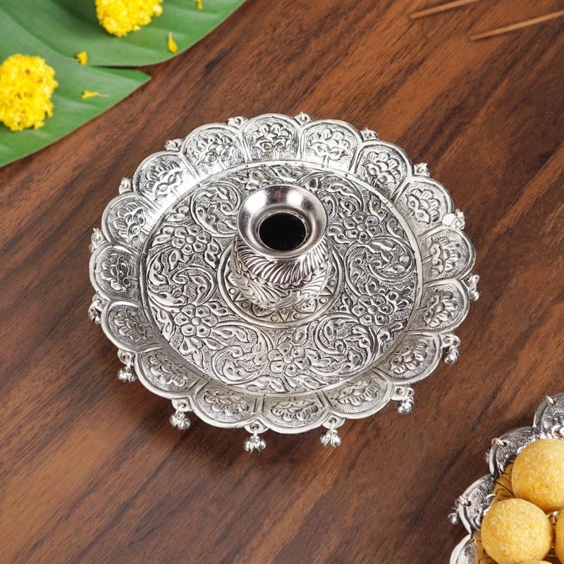 Embossed Brass Flower Pooja Thali And Kalash Set