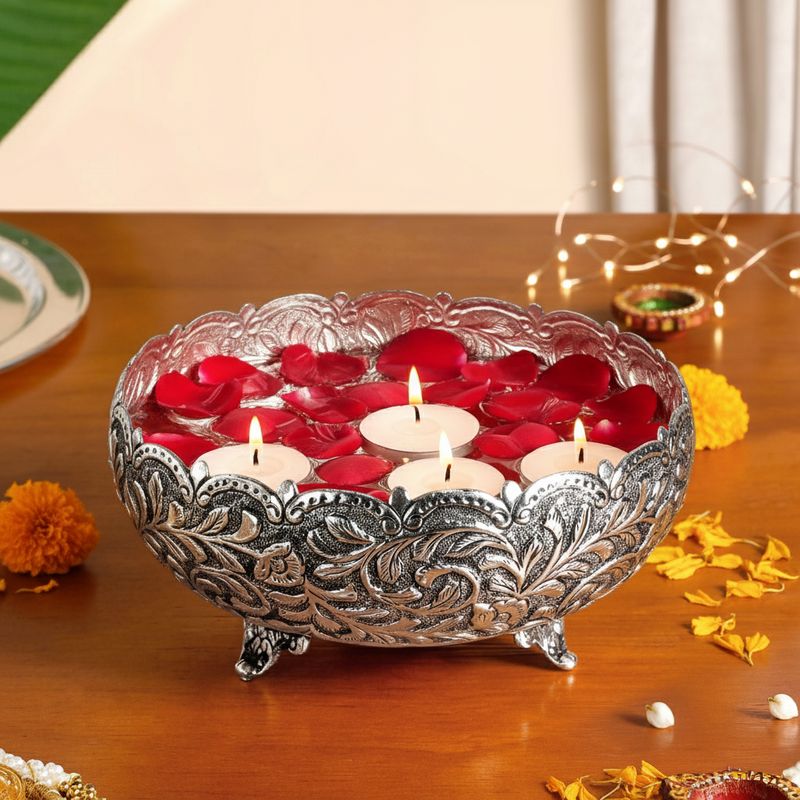 Floral Pure Brass Urli With Silver Polish 17cm