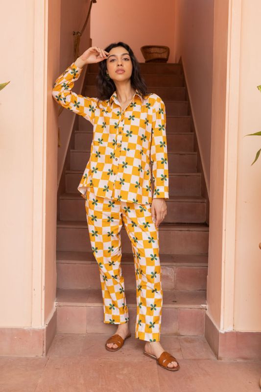 Palm Co-ord Set - Mustard Checks (Set of 2)