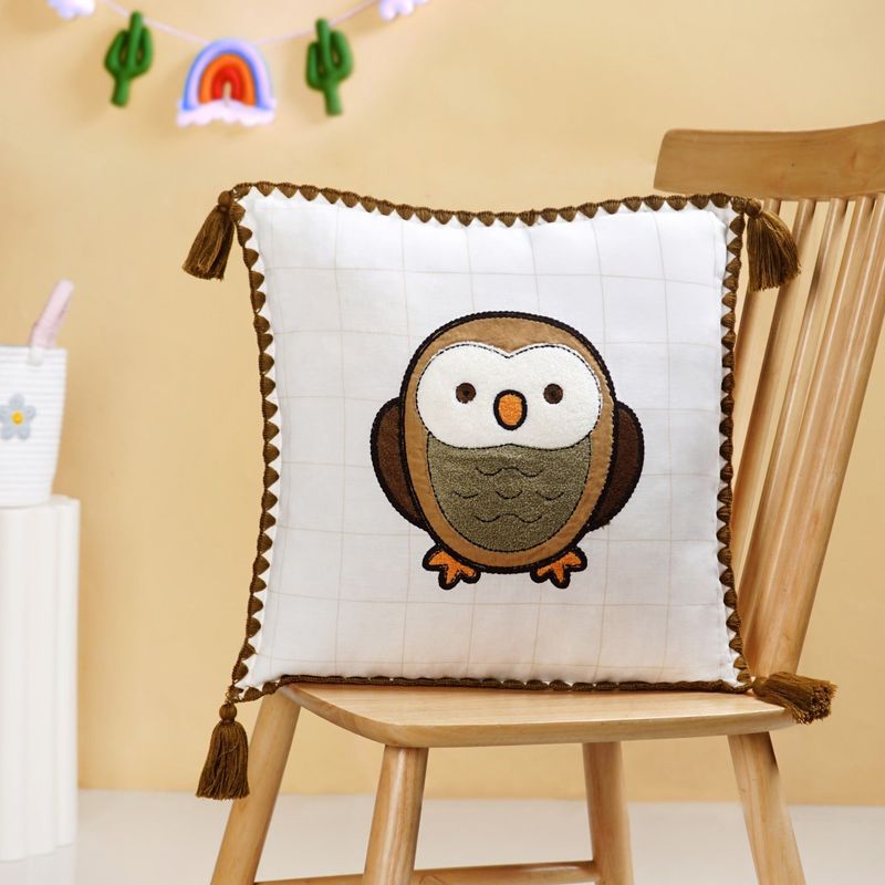 Woodland Owl Embroidered Cushion Cover With Tassels 42x42cm