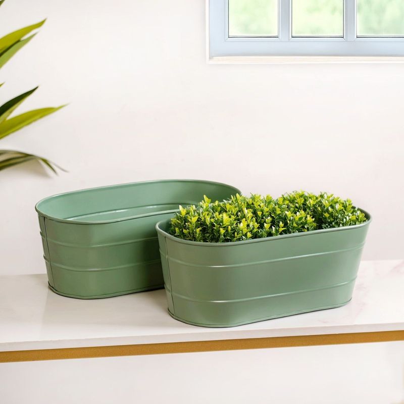 Trough Lined Oval Metal Planter Set Of 2 Sage Green