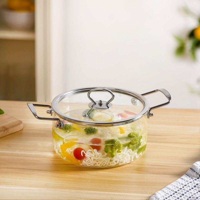 Transparent Glass Cooking Pot With Stainless Steel Grip Handles 2500ml