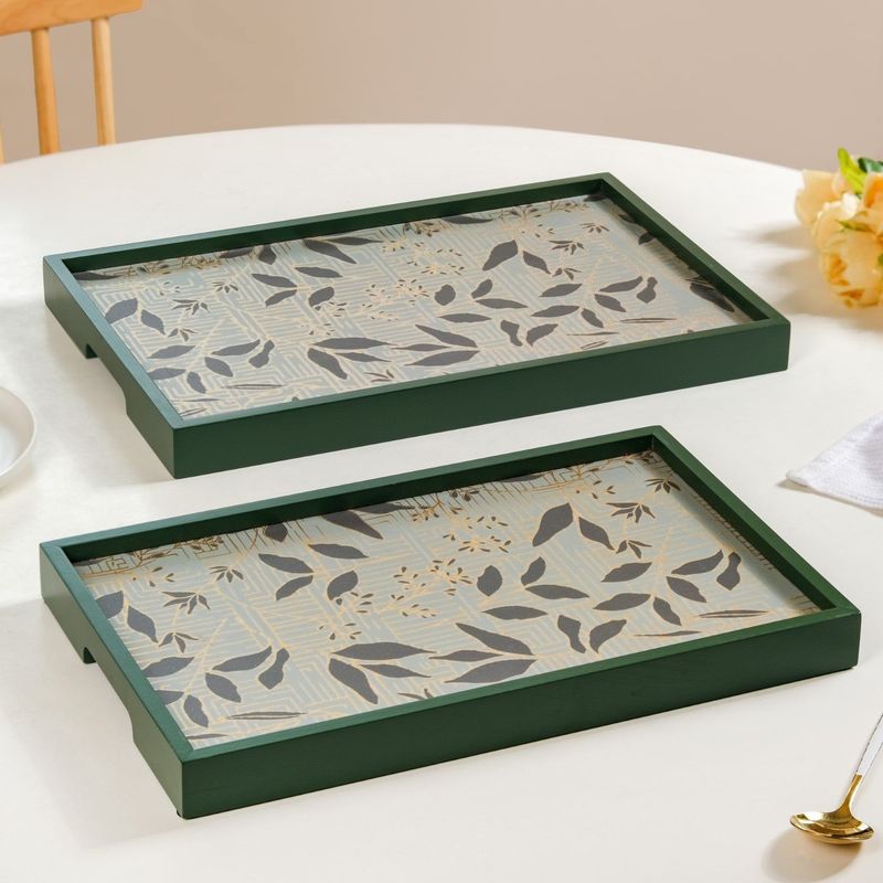 Verdantia Wooden Tea Tray Set Of 2 Green Matte Gold