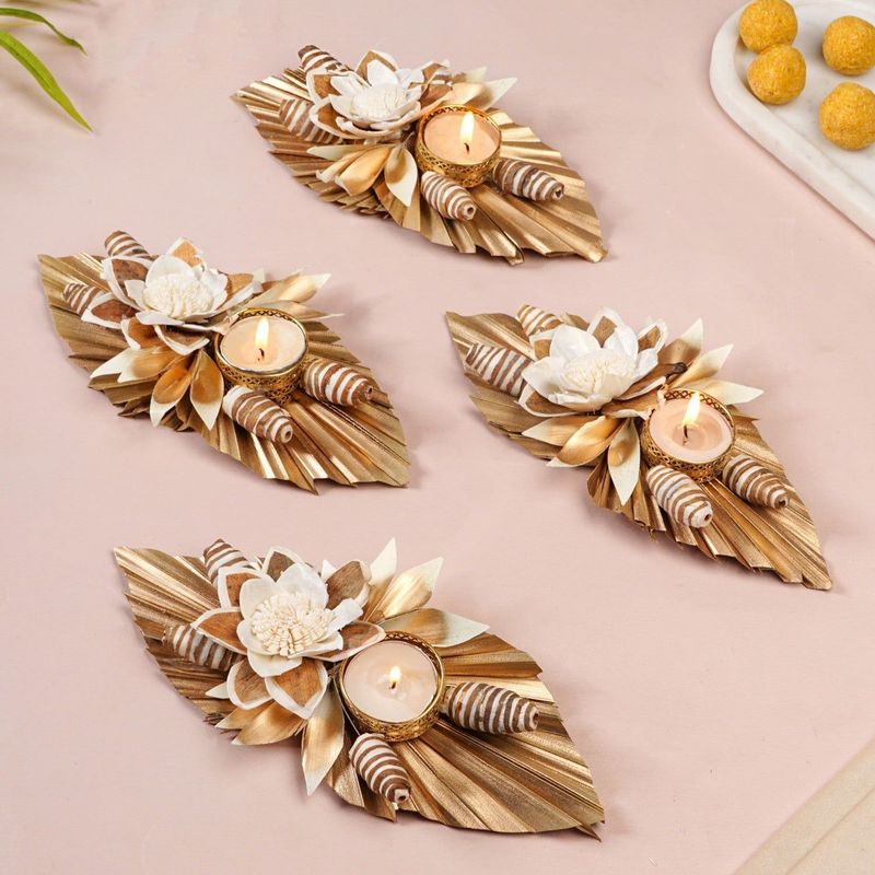 Sustainable Pine Leaf Sola Tea Light Candle Holder Set Of 4