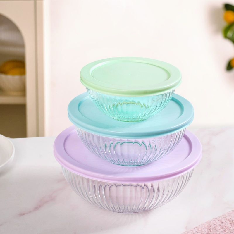 Sealpro Fluted Glass Mixing Bowls With Lids Set Of 3 S 500ml M 1000ml L 2000ml