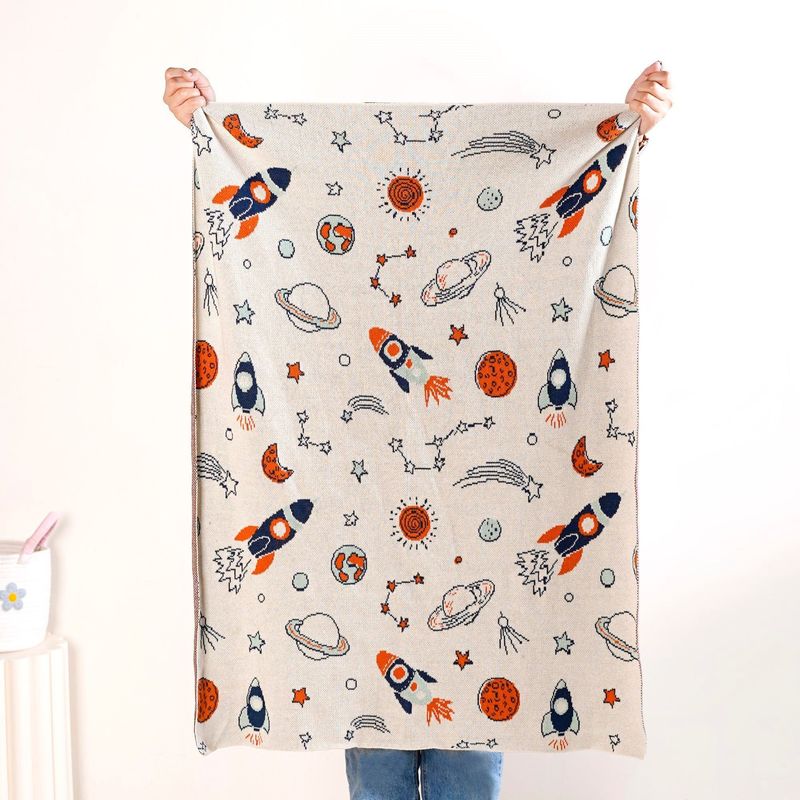 Space Rocket Astronomy Knitted Cotton Throw For Toddlers Small 99x73cm
