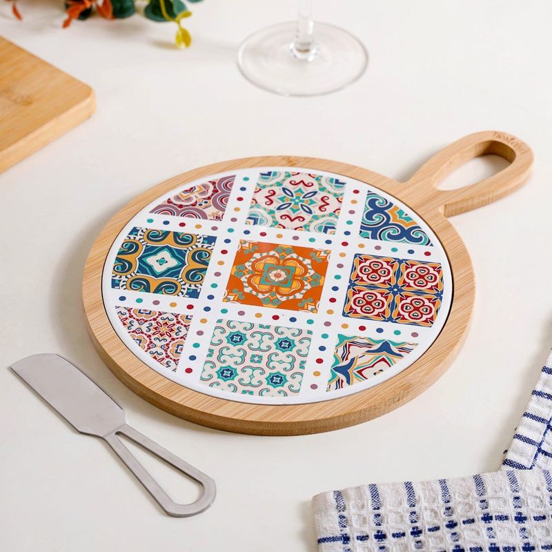 Round Moroccan Tile Pattern Cheeseboard With Knife 20cm