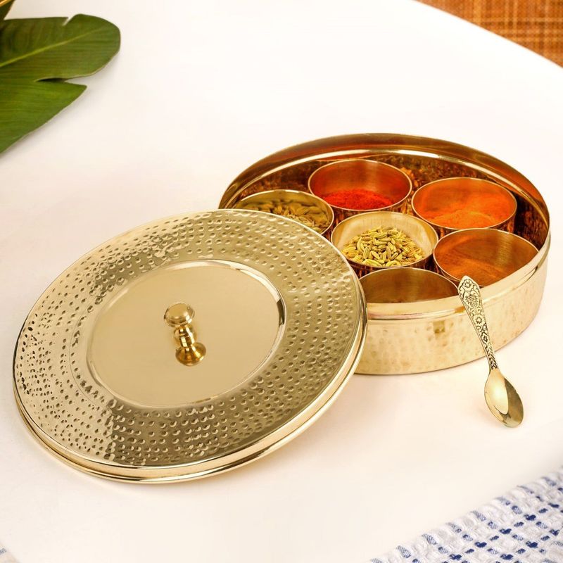 Pure Brass Hammered Masala Box Set With Spoon