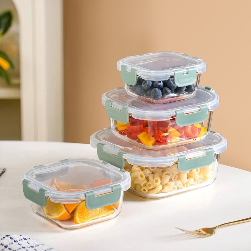 Nestro Airtight Food Storage Square Container Set Of 4 Green S 300ml M 500ml L 800ml XL 1200ml