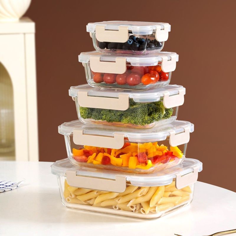 Nestro Leakproof Food Storage Box Set Of 5 Beige XS 185ml S 370ml M 600ml L 1000ml XL 1500ml