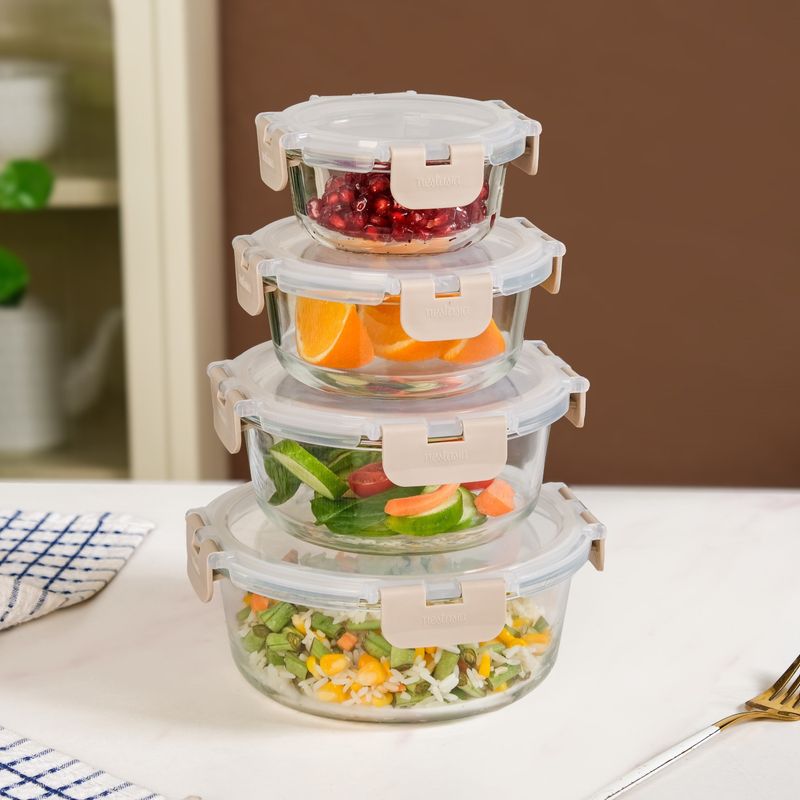 Nestro Pro Clip Lock Box Set Of 4 Round Beige 215ml 400ml 600ml 950ml