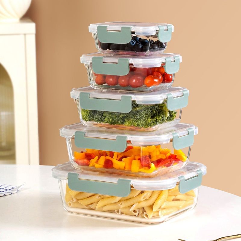 Nestro Airtight Food Storage Box Set Of 5 Green XS 185ml S 370ml M 600ml L 1000ml XL 1500ml