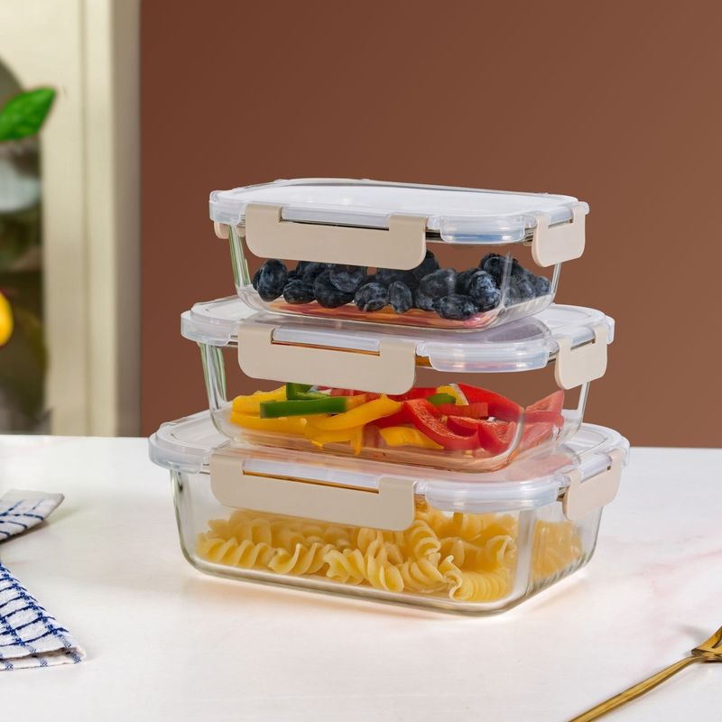 Nestro Leakproof Rectangular Food Storage Box Set Of 3 Beige S 600ml M 1000ml L 1500ml