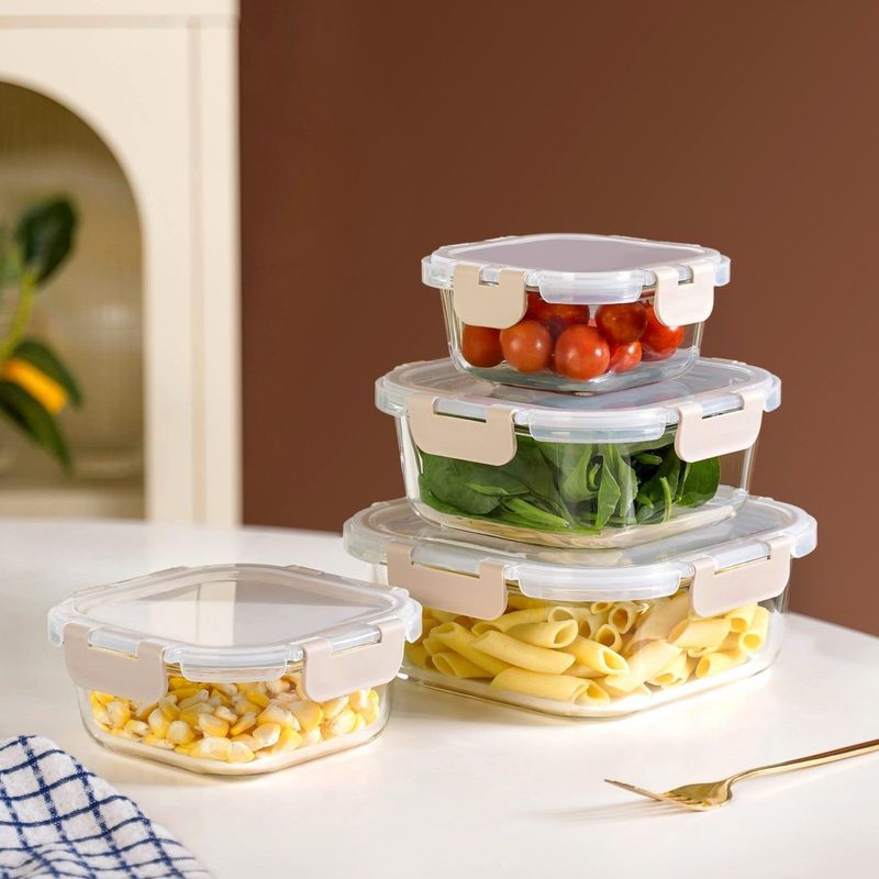 Nestro Airtight Food Storage Square Container Set Of 4 Beige S 300ml M 500ml L 800ml XL 1200ml