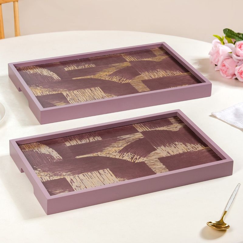 Modern Abstract Art Tray Set Of 2 Purple Matte Gold