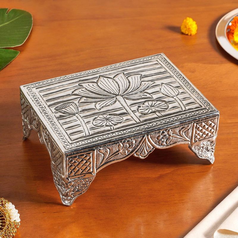 Lotus Design Pure Brass Puja Chowki With Silver Polish 20x15cm