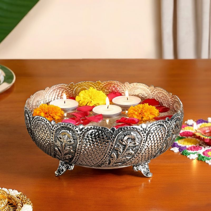 Lustre Brass Urli With Pure Silver Coating 18cm