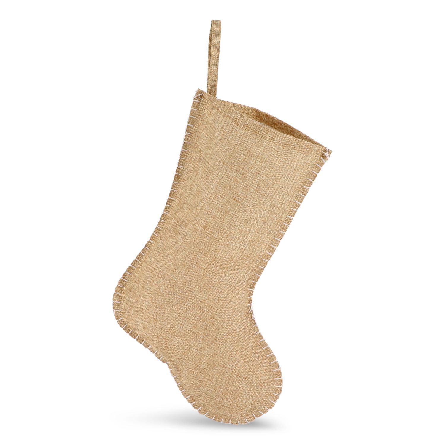 Jute-stijl kerstsok met decoratieve stiksels 40 cm, Kleur: Natuur