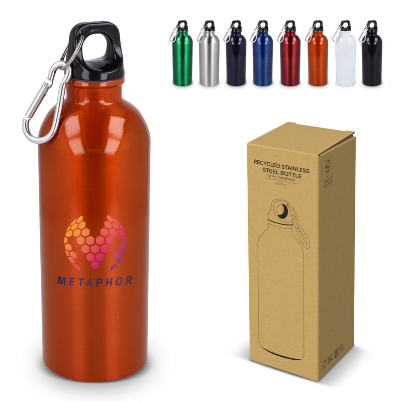 Gerecycled RVS enkelwandige fles met karabijnhaak 500ml