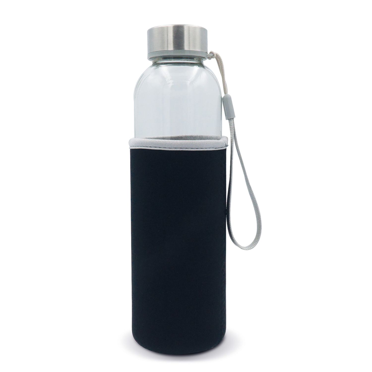 Waterfles glas met sleeve 500ml, Kleur: Transparant / Zwart