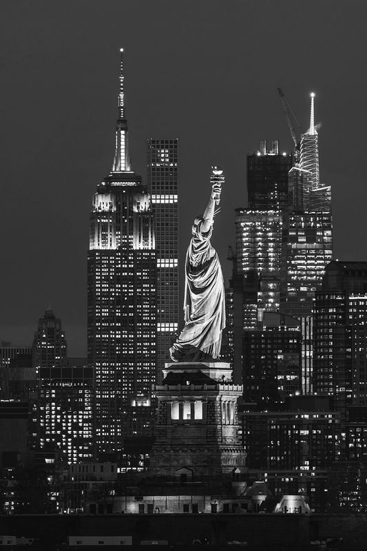 Statue of Liberty &amp; Empire State Building - NYC Nightscape Print