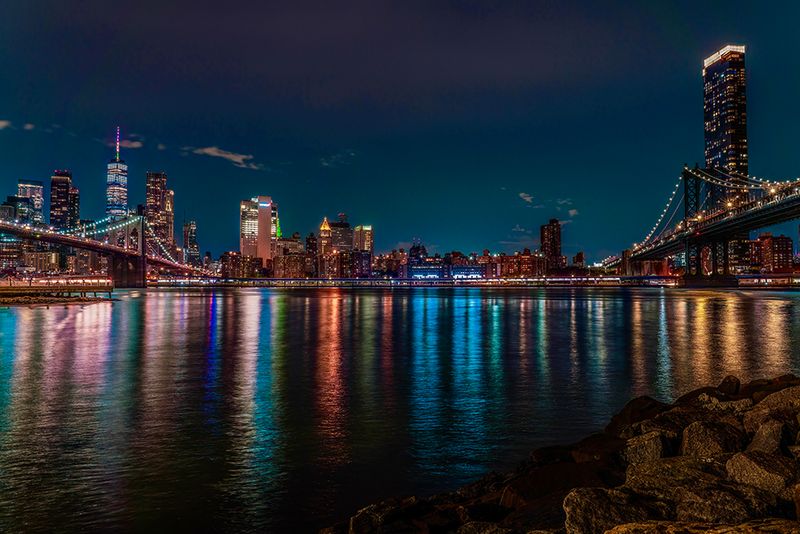 Brooklyn &amp; Manhattan Bridges at Night - Colorful City Print