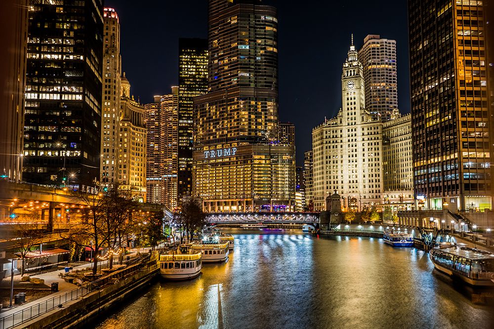 Chicago Riverwalk Night - Golden City Lights Art