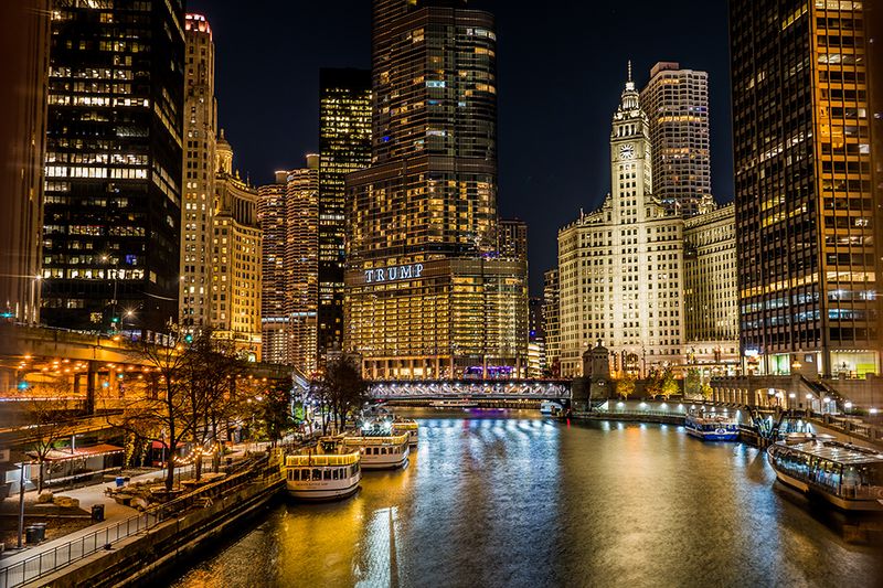 Chicago Riverwalk Night - Golden City Lights Art