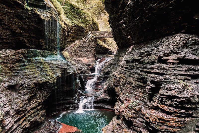 Rainbow Falls &amp; Stone Bridge - Fantasy Forest Landscape Print