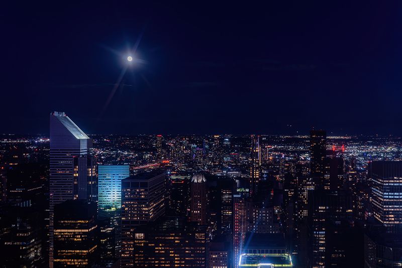 Midnight Moon over Manhattan - Deep Blue Night Skyline Photography Print