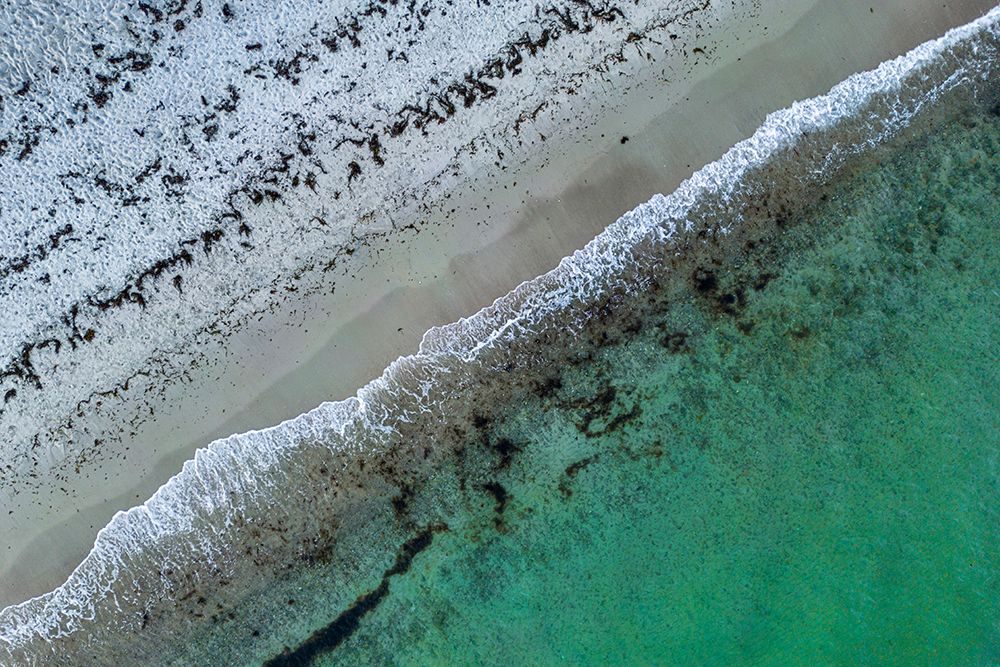 Aerial Shoreline Texture - Turquoise Ocean &amp; Sand Drone Photography Print