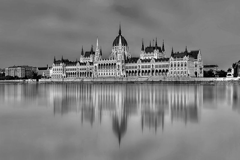 Hungarian Parliament on Danube - Black &amp; White Wall Art