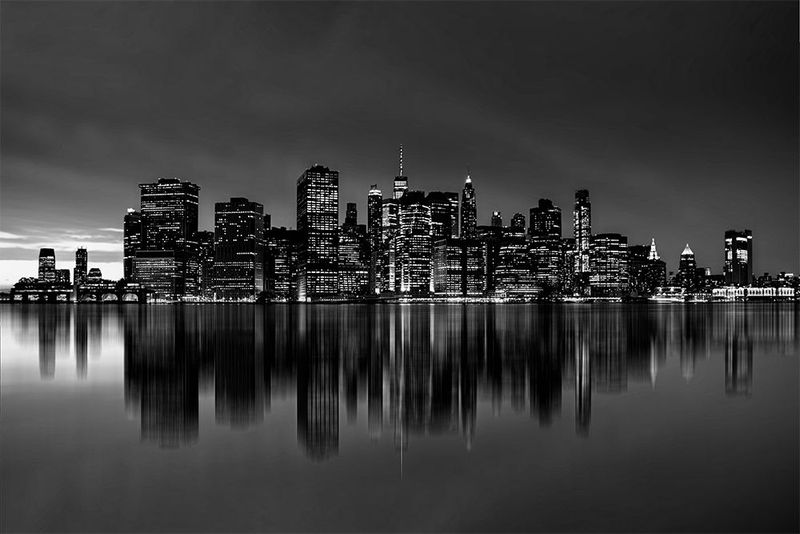 Midnight Manhattan - Illuminated Skyline Reflection Photography Print