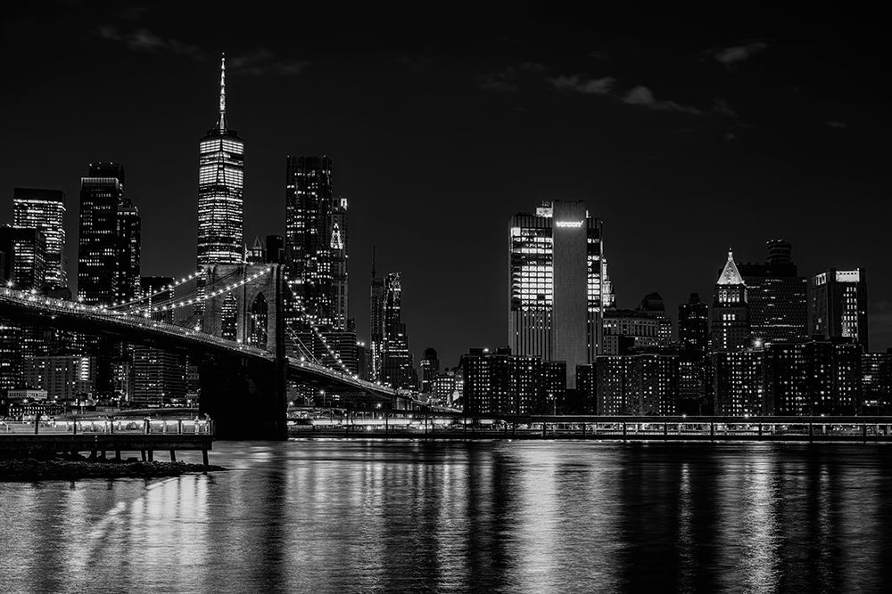 NYC Skyline &amp; Brooklyn Bridge - Night Cityscape Art