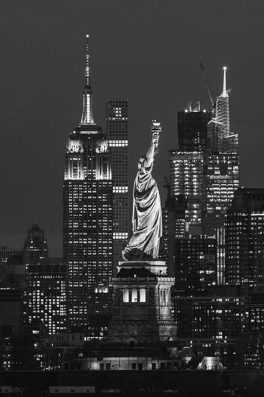 Statue of Liberty &amp; Empire State Building - NYC Nightscape Print