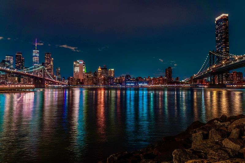 Brooklyn &amp; Manhattan Bridges at Night - Colorful City Print