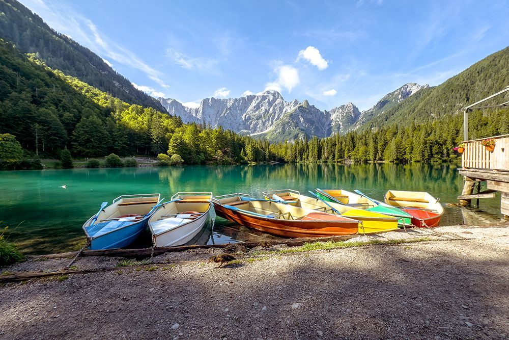 Turquoise Mountain Lake with Rowboats - Vibrant Nature Print