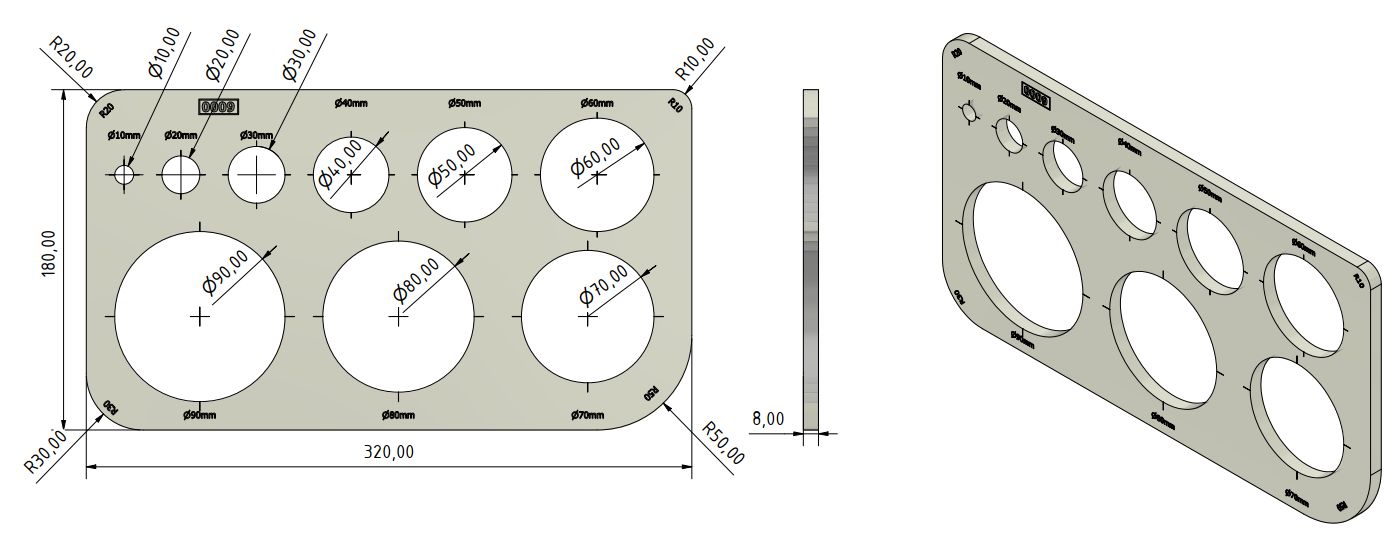 Frässchablone - Kreise D10-90mm und Radienlehre Frässchablone - Kreise D10-90mm und Radienlehre