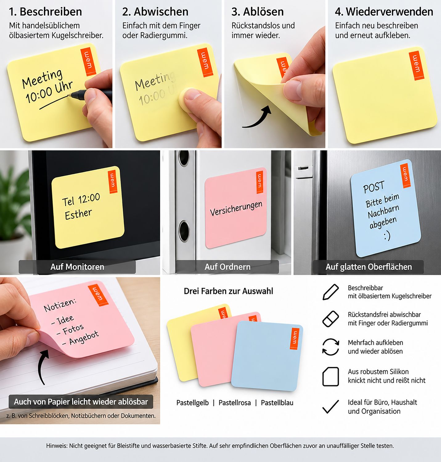 Wiederverwendbares Klebe-Memopad – beschreibbar & abwischbar Wiederverwendbares Klebe-Memopad – beschreibbar & abwischbar